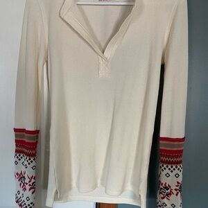 We The Free Cream Top with Red Patterned Sleeves